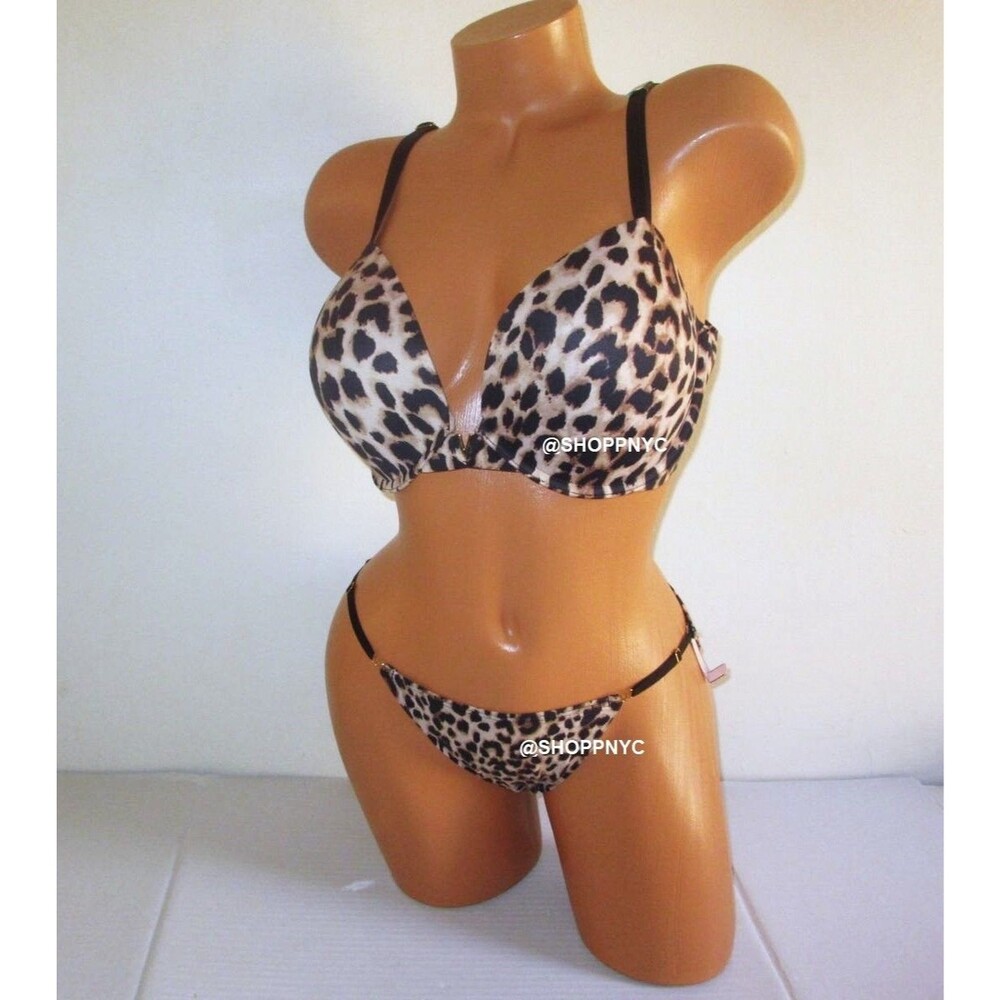 38D/L VICTORIA’S SECRET Love Cloud Push-Up Bra Set String Bikini Smooth Leopard